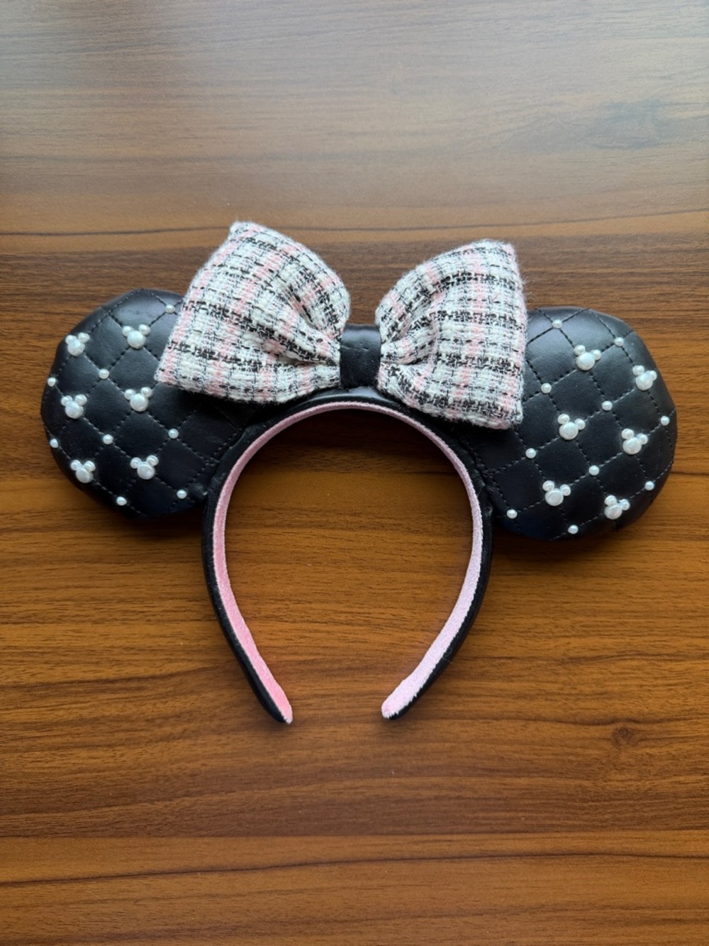 Disney Parks Tweed & Pearl Minnie Ears Black Quilted Headband Pink Bow